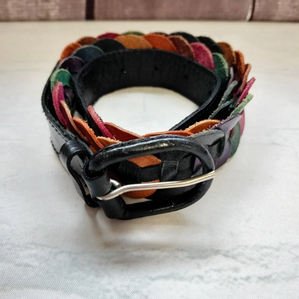 Multicolor Braided Genuine Leather Belt Black Buckle Adjustable